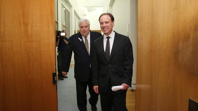 Clive Palmer with Greg Hunt after their major climate policy announcement at Parliament House in Canberra. Picture: Gary Ramage.