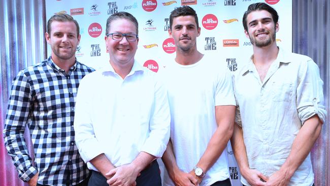 Sam Docherty, AFLPA CEO Paul Marsh, Scott Pendlebury and Easton Wood. Picture: Julie Kiriacoudis