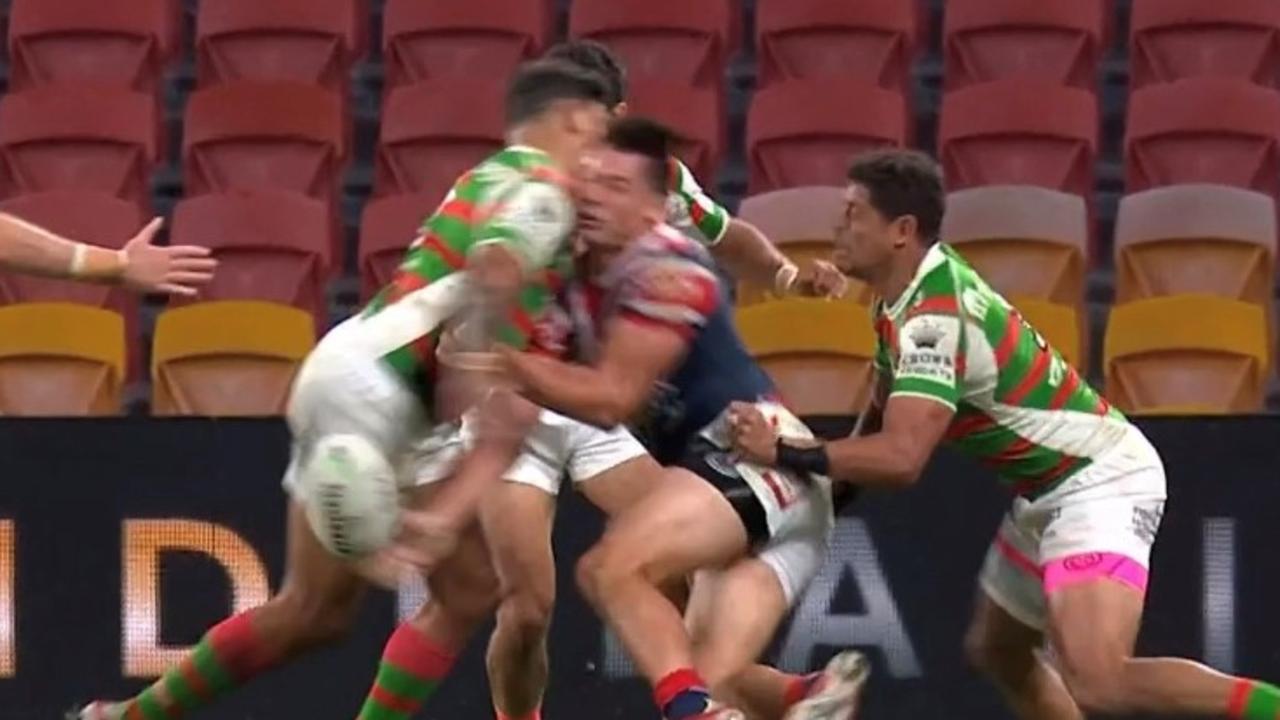 Latrell Mitchell’s sickening hit on Joey Manu. Picture: Fox Sports