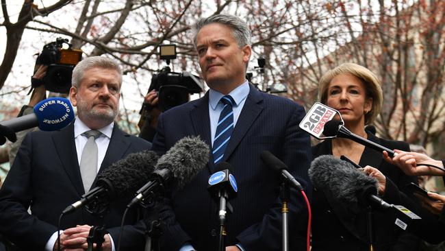 Former ministers Mitch Fifield, Mathias Cormann and Michaelia Cash announce their support for Peter Dutton.