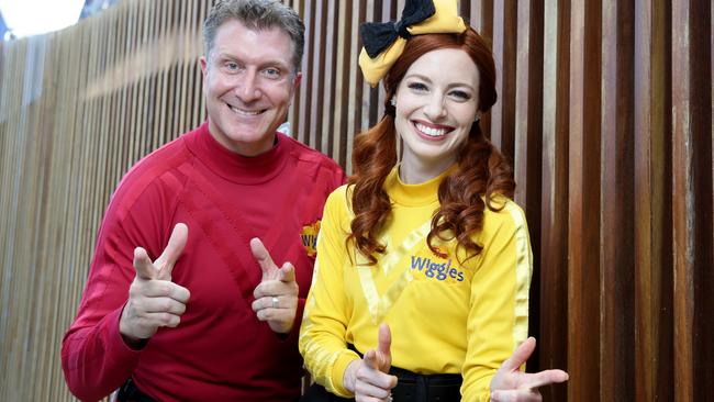 Red Wiggle Simon Pryce with Yellow Wiggle Emma Watkins rehearse for The Wiggles Concert at Darling Harbour. Picture: Jonathan Ng