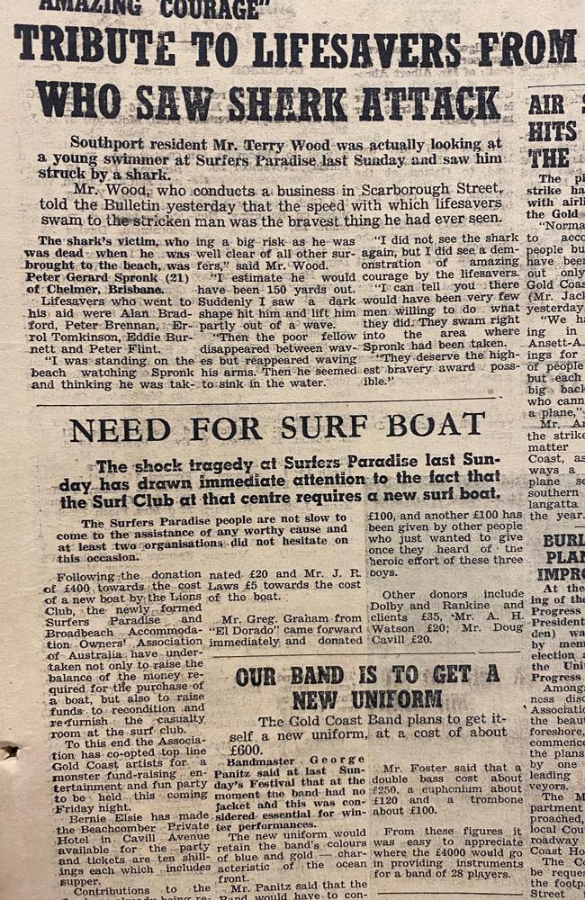 South Coast Bulletin article on the shark attack death of Peter Gerard Spronk in 1958