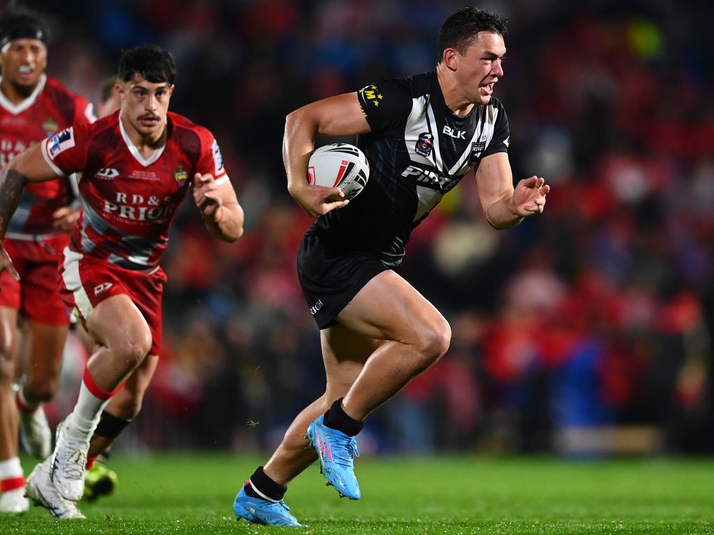 Joseph Manu’s stunning display for New Zealand saw him rack up more meteres than the combined effort of the Tongan forward line. Picture: Hannah Peters/Getty Images
