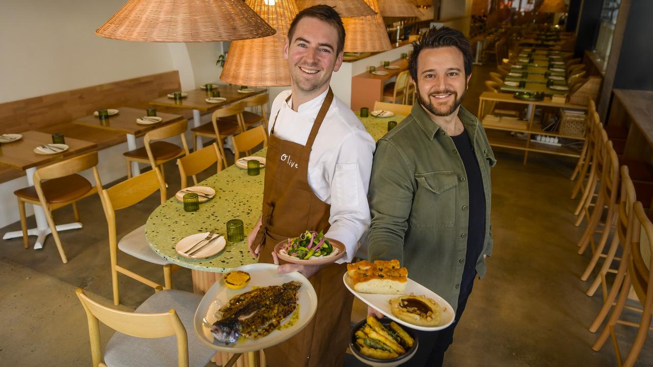 Callum Hann and Themis Chryssidis in their new Mediterranean restaurant. Pic Roy VanDerVegt