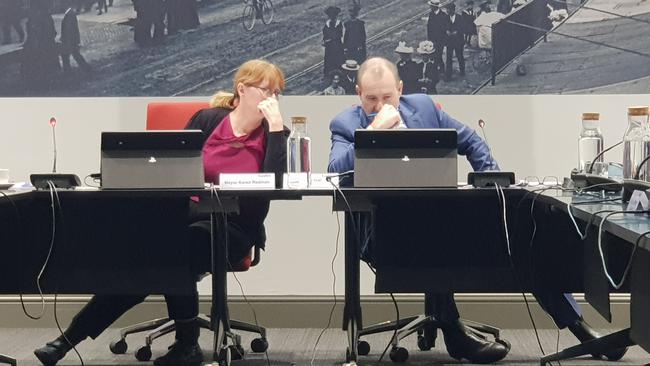 Gawler mayor Karen Redman and council chief executive Henry Inat at a council meeting. Picture: Colin James