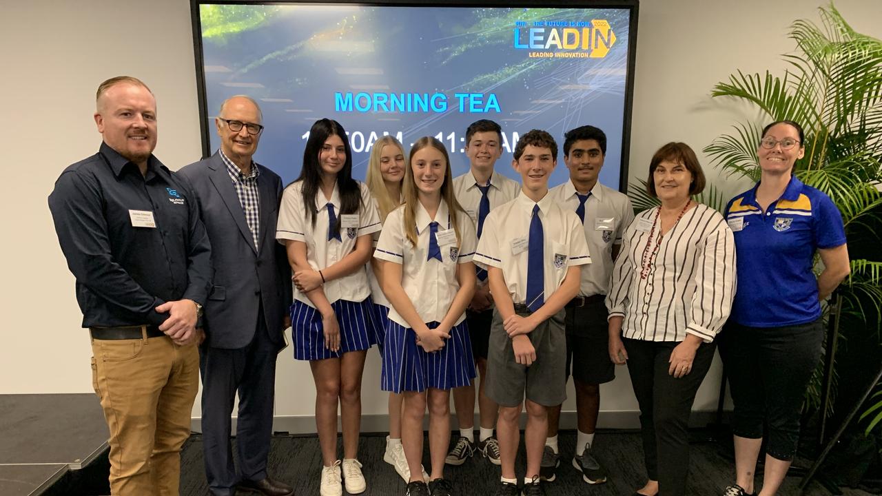 (From left to right) Gilmour Space co-founder James Gilmour, Professor Ross Garnaut, Tiffany Potts, Lilly Langtree, Amity Chase-Hodgson, Jacob Meikle, Tristan Dhu, Arya Patel, Mackay MP Julieanne Gilbert and Mackay North State High School teacher Stacey Austin at the Resources Centre of Excellence's LeadIn 2022 conference. Picture: Duncan Evans