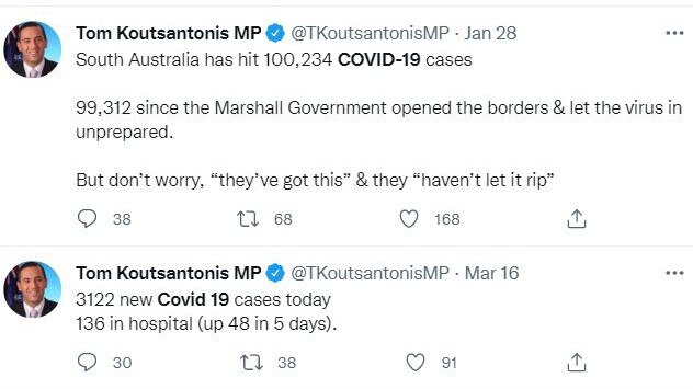 Tweet by Labor MP Tom Koutsantonis about Covid numbers in SA. Picture: Twitter