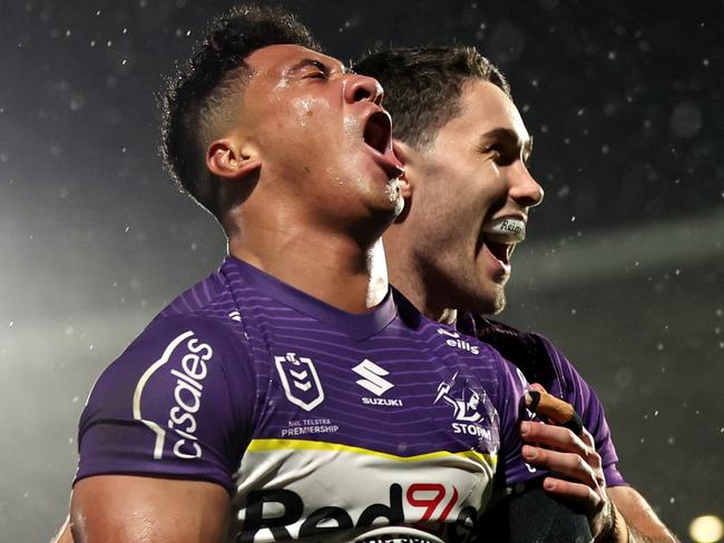 Dean Ieremia celebrates after scoring a try, as the Storm recorded a 16th straight win over the Warriors. Picture: Getty Images