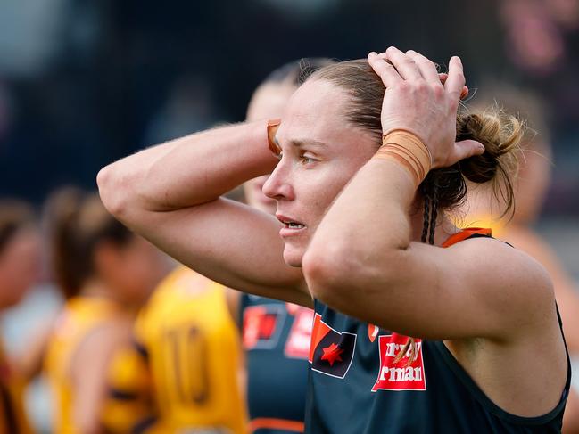 MELBOURNE, AUSTRALIA – OCTOBER 19: Pepa Randall of the Giants looks dejected after a loss during the 2024 AFLW Round 08 match between the Hawthorn Hawks and the GWS Giants at Kinetic Stadium on October 19, 2024 in Melbourne, Australia. (Photo by Dylan Burns/AFL Photos via Getty Images)