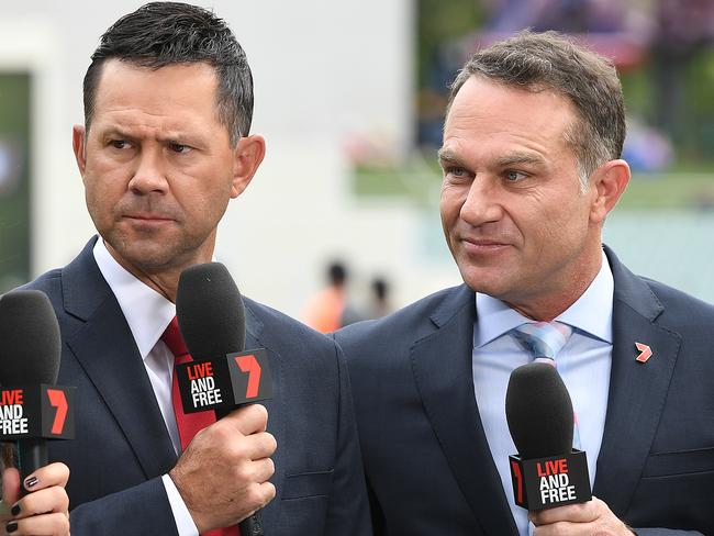 Michael Slater (right) teed off while Ricky Ponting waits to find out how he’s getting home.