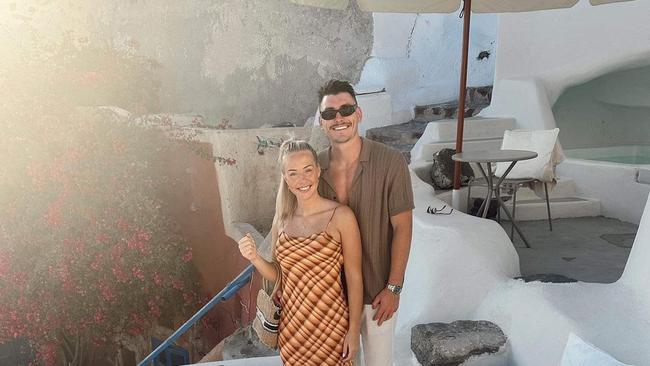 St Kilda defender Josh Battle and partner Casey in Santorini.