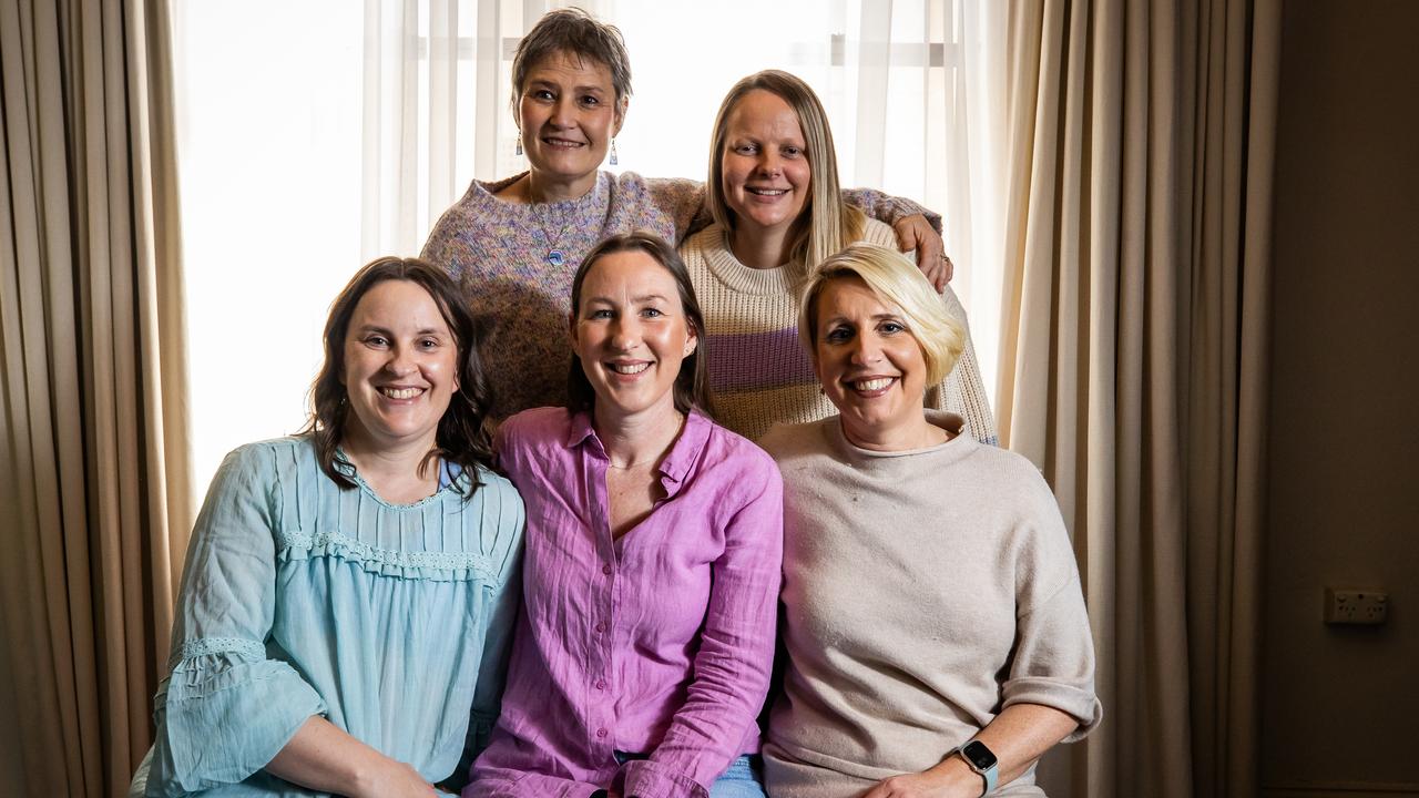 (Back) Lee Hutton and Jessica Marechal (Front) Naomi Hubbard, Anne Horstmann and Kate Hitchin on July 24th, 2024, at the Cancer Care Centre in Frewville. Picture: Tom Huntley