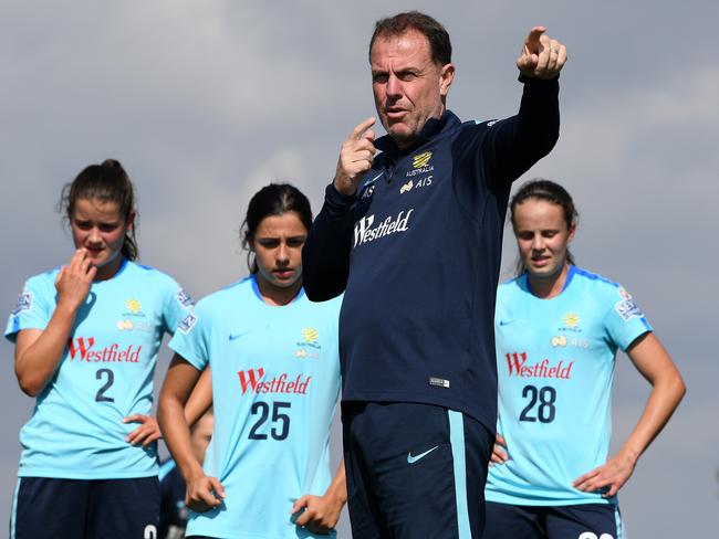 Matildas coach Alen Stajcic and players at training.