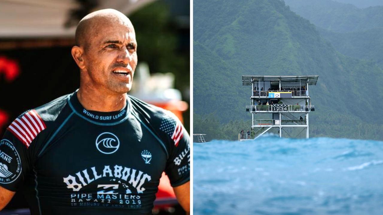 Kelly Slater and the controversial tower. Photo: AFP and Getty, Ed Sloane.