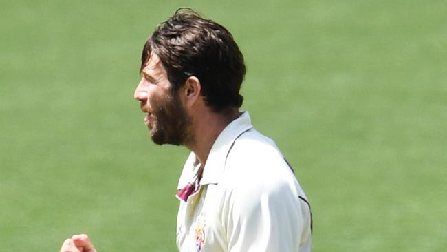 Queensland bowler Michael Neser celebrates taking the wicket of South Australia’s Callum Ferguson on Monday.