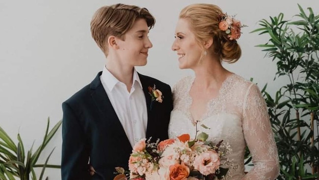 William Pfeiffer, who unexpectedly died in his sleep on Sunday, with his mother Karen Lynch on her wedding day with now-husband Mike Shaw in April 2023. Picture: Supplied