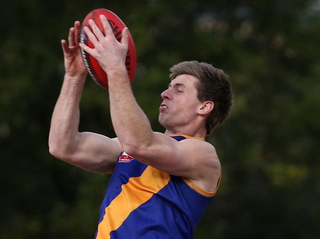 Lachlan Koger of Lilydale drops a high mark over William Gordon of Mitcham during EFL (Div 2): Lilydale v Mitcham on Saturday, July 7, 2018, in Lilydale, Victoria, Australia. Picture: Hamish Blair