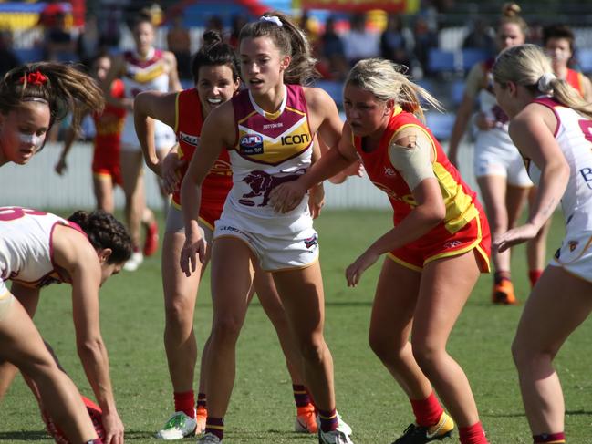 Suns player Dee Heslop in action during Gold Coast’s loss to Brisbane in the second 2019 QW Winter Series game at Great Barrier Reef Arena on Sunday, June 22. Picture: Supplied.