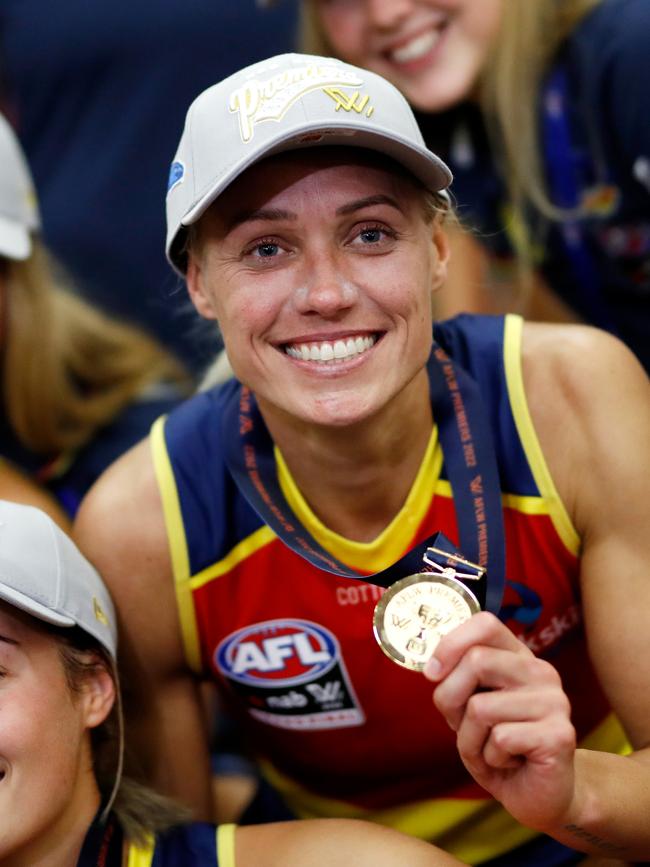 Erin Phillips celebrates the 2022 AFLW Grand Final match between the Adelaide Crows and the Melbourne Demons at Adelaide Oval on April 9, 2022. Picture: Dylan Burns/AFL Photos via Getty Images