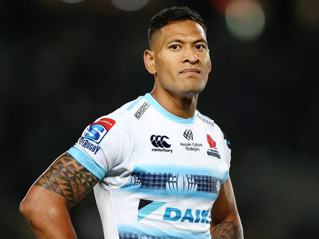 AUCKLAND, NEW ZEALAND - APRIL 06: Israel Folau of the Waratahs looks on during the round 8 Super Rugby match between the Blues and Waratahs at Eden Park on April 06, 2019 in Auckland, New Zealand. (Photo by Anthony Au-Yeung/Getty Images)