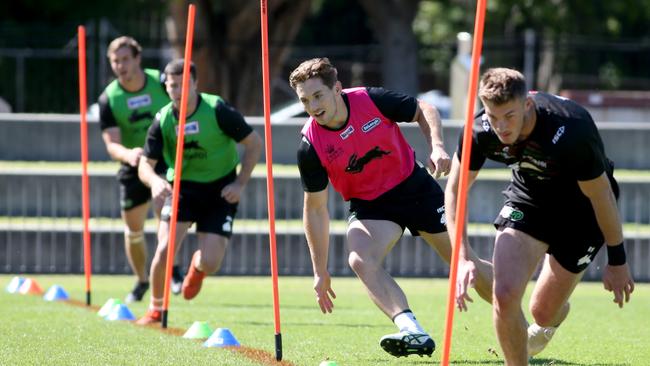 Cameron Murray taking part in running drills on Tuesday. Picture: Damian Shaw