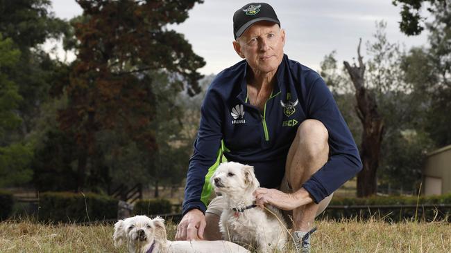 Former NRL coach Peter Mullholland with his beloved dogs Harvey and Honey. Picture: Chris Pavlich