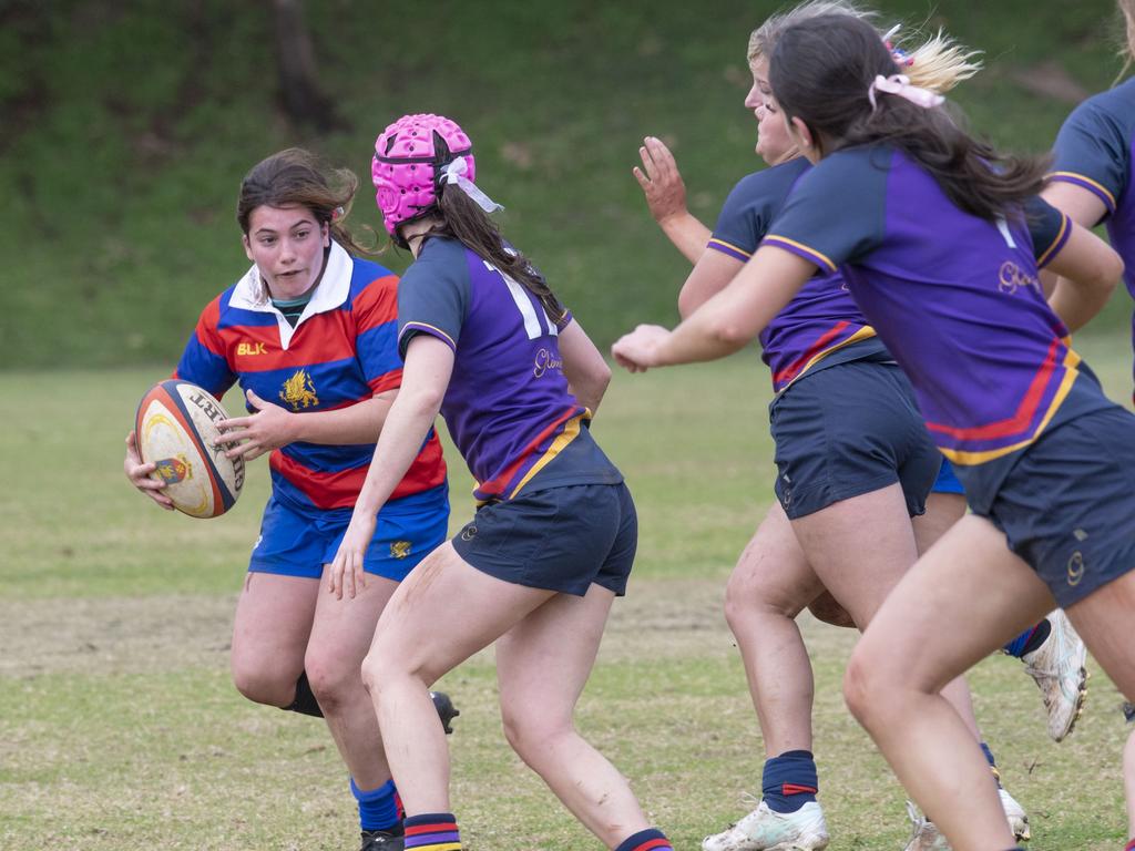 Francesca Daboul for Downlands. Selena Worsley Shield game2. Girl's rugby 7s Downlands vs Glennie. Saturday, August 6, 2022. Picture: Nev Madsen.