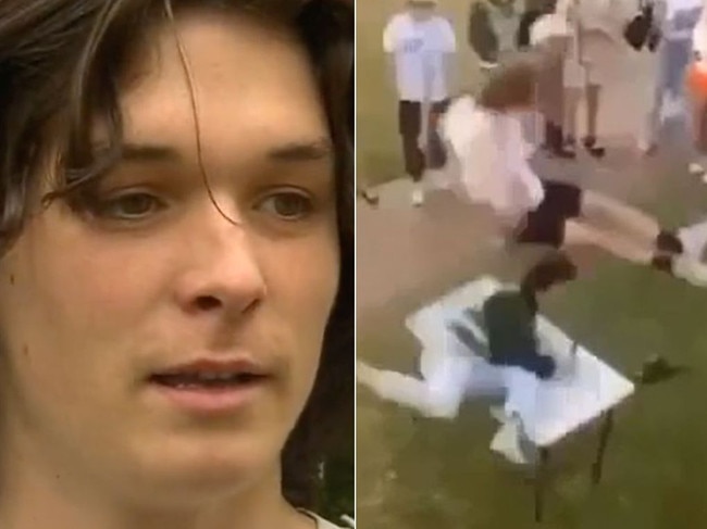 School leaver Jude Lane says he was lucky to escape unharmed after a dangerous schoolies stunt. Picture: 9 News