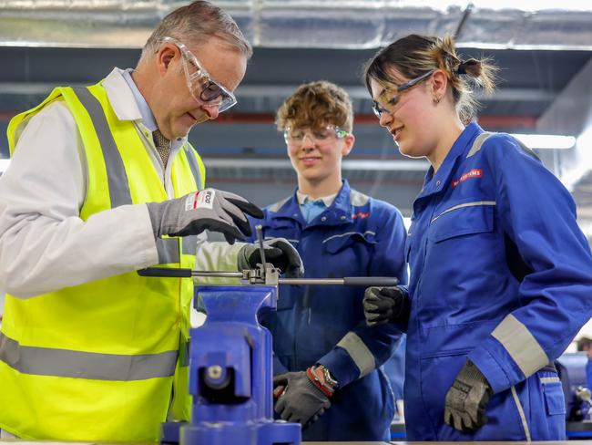 03/05/2023 -  The Australian Prime Minister Anthony Albanese with apprentices Jacob Gillibrand and Maddison Baillie while touring the BAE workshop in Barrow-in-Furness in the North of England. Picture by Andrew Parsons / The Australian Pool Image