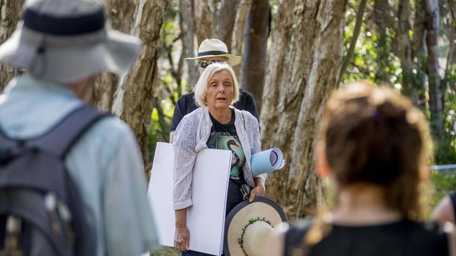 Wildlife Queensland Gold Coast and Hinterland branch president Sally Spain talking to the protesters protesting the fill in of Black Swan Lake in Bundall. Picture: Jerad Williams.