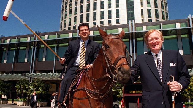 OCTOBER 17, 2000 : Victorian Minister for Major Projects John Pandazopoulos in Melbourne aboard pony Cudgee led by Ron Walker as 2000 World Polo Cup launchedat Crown Casino. Pic Alan Funnell.