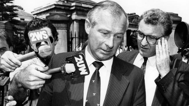 NOVEMBER 20, 1989 : Former detective Roger Rogerson faces the media outside the NSW Supreme Court at Darlinghurst in Sydney, 20/11/89 after being found not guilty. Pic Geoff Henderson. P/ Picture: Geoff Henderson