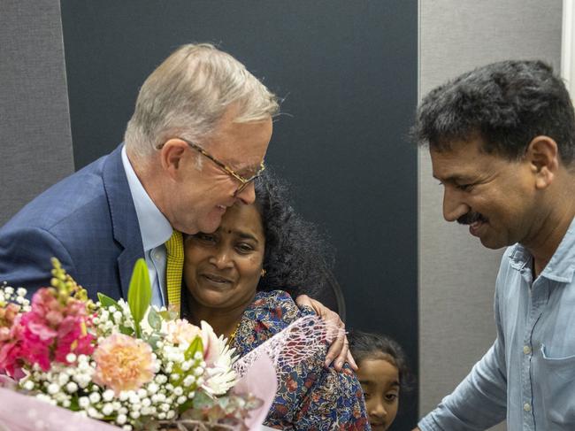 PM Anthony Albanese with Nadesalingam family who recently arrived back in Biloela,  In Gladstone today. Picture: Supplied PMO