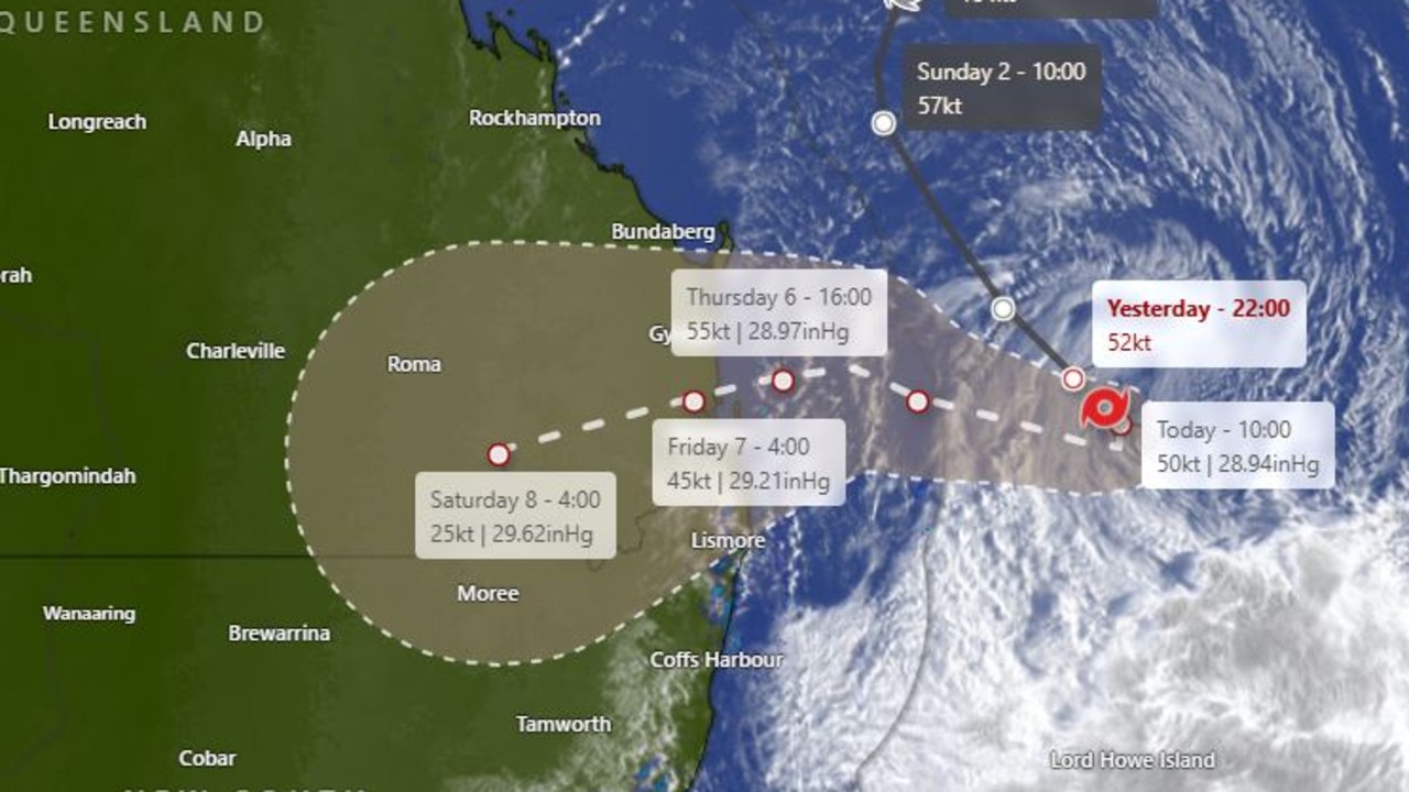 Tropical Cyclone Alfred's predicted path as of 6.30am Tuesday. Picture: Windy