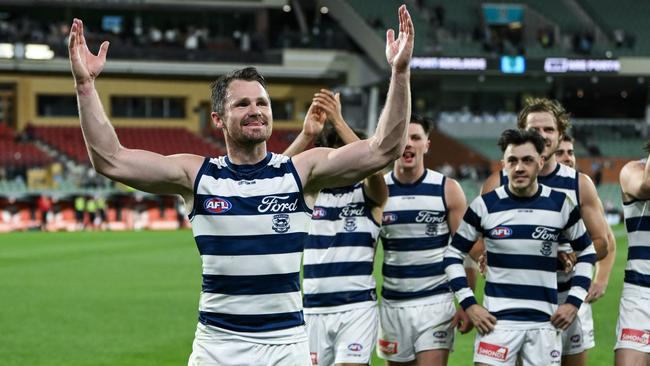 ADELAIDE, AUSTRALIA - SEPTEMBER 05:  Patrick Dangerfield of the Cats  leads his team off  after winning  the AFL Second Qualifying Final match between Port Adelaide Power and Geelong Cats at Adelaide Oval, on September 05, 2024, in Adelaide, Australia. (Photo by Mark Brake/Getty Images)