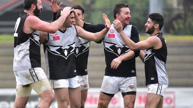 Roxburgh Park players celebrate a goal during the major semi-final against Northern Saints. Picture: Jamie Morey