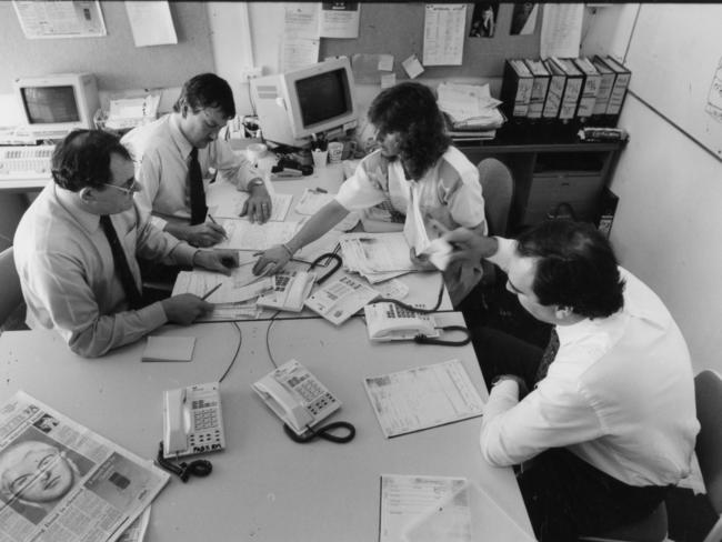 Investigation team for the case working in the Major Task Force incident room at Christies Beach Police station in November 1992. Officer in charge Allen Arthur, Detective Senior Constable Gary Jeffery, Anne Bush (admin support member) and Detective Senior Constable Rod Huppatz.