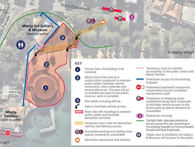 A diagram, released in July 2024, detailing the demolition work site around the former Sea Life Aquarium building at Manly.