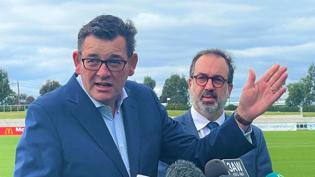 Victorian Premier Daniel Andrews and Tourism Minister Martin Pakula at Mars Stadium, Ballarat, announcing Victoria's successful bid for the 2026 Commonwealth Games.