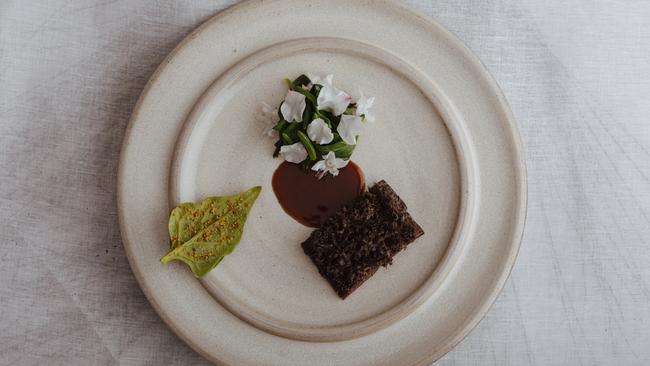 Mountain pepper spiced emu fillet cooked in paperbark at Restaurant Botanic, Adelaide. Picture: Supplied