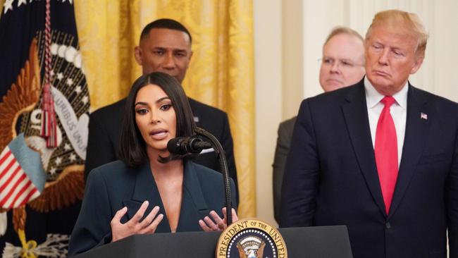 Kim Kardashian speaks as US President Donald Trump holds an event on second chance hiring and criminal justice reform in the White House, yesterday. Picture: AFP