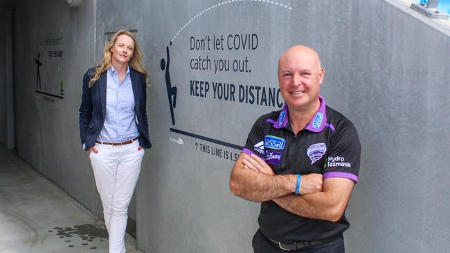 COVID campaign launch. Minister for Health and Minister for Small Business, Hospitality and Events, Sarah Courtney with Cricket Tasmania CEO Dominic Baker at Blundstone Arena.