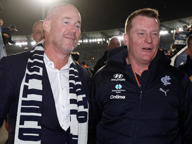 MELBOURNE, AUSTRALIA - SEPTEMBER 08: Blues President Luke Sayers and Michael Voss, Senior Coach of the Blues celebrate during the 2023 AFL First Elimination Final match between the Carlton Blues and the Sydney Swans at Melbourne Cricket Ground on September 08, 2023 in Melbourne, Australia. (Photo by Michael Willson/AFL Photos via Getty Images)