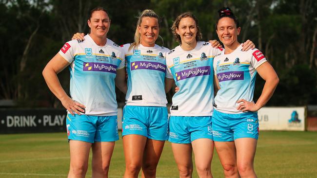 Working Titans players Steph Hancock Lauren Brown, Karina Brown and Brittany Breaaley-Nati ahead of the NRLW Grand Final Picture: Glenn Campbell