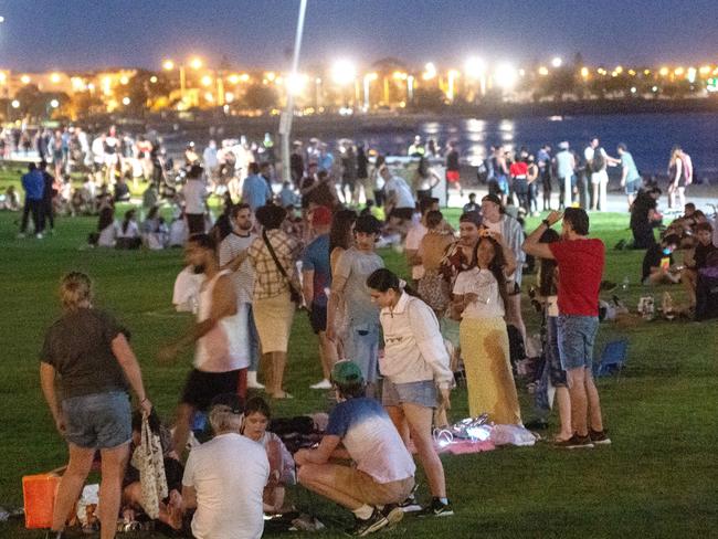 Police patrolling St Kilda beach looking for unruly Behaviour. Picture: Tony Gough