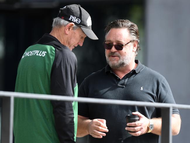 Russell Crowe and Wayne Bennett were an odd couple of sorts at the Rabbitohs. Picture: AAP Image/Joel Carrett