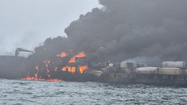 The collision caused fires on both vessels. The tanker was believed to have been carrying aviation fuel. Picture: The Times