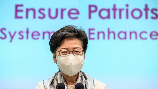 Hong Kong Chief Executive Carrie Lam speaks to the media. Picture: AFP.