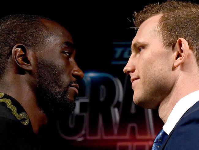 LAS VEGAS, NV - JUNE 07: Jeff Horn and Terence Crawford face off during the official press conference on June 7, 2018 in Las Vegas, Nevada, USA. Jeff Horn and Terence Crawford will fight for the WBO Welterweight World Title on June 9 in Las Vegas.  (Photo by Bradley Kanaris/Getty Images)