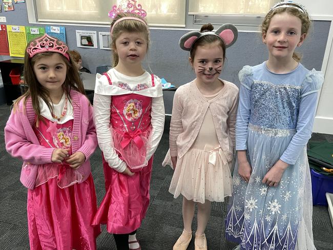 St Kilian's Primary School students Chelsea Malavisi, Matilda Anderson, Brydie Maltby and Zoey Lea dressed up for Book Week. Picture: Gianni Francis.
